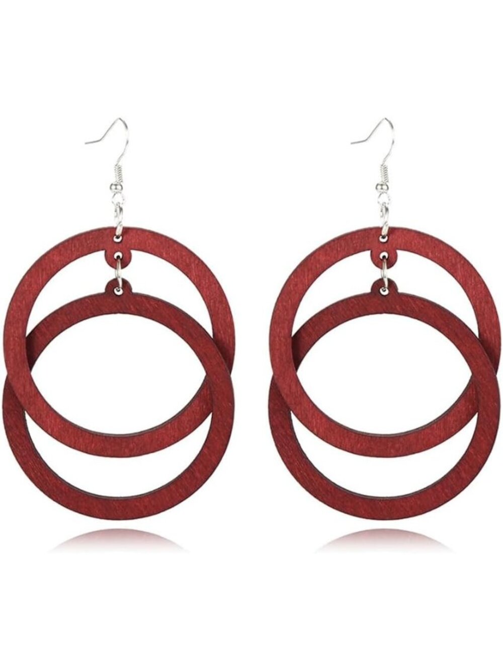 Women's Wine Red Bohemian Unique Handmade Wooden Hoop Splicing Earrings
